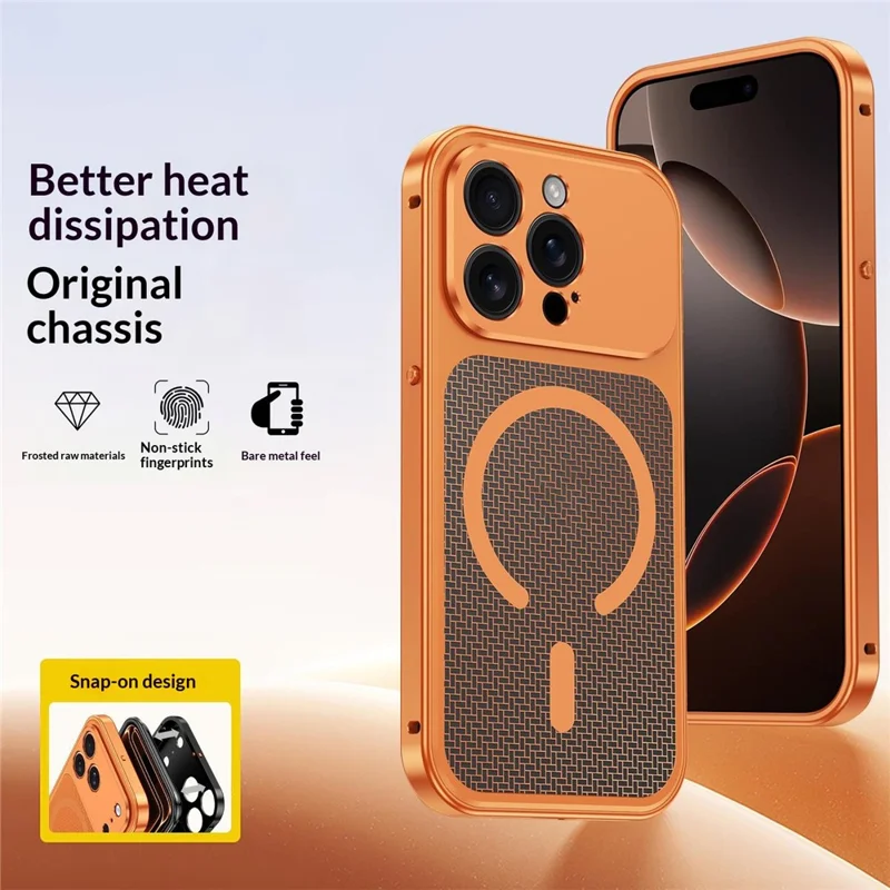 Voor iPhone 15 Pro Max Magnetische Behuizing met Warmteafvoer, Uitneembare Metalen + PC Telefoonhoes - Titanium Oranje