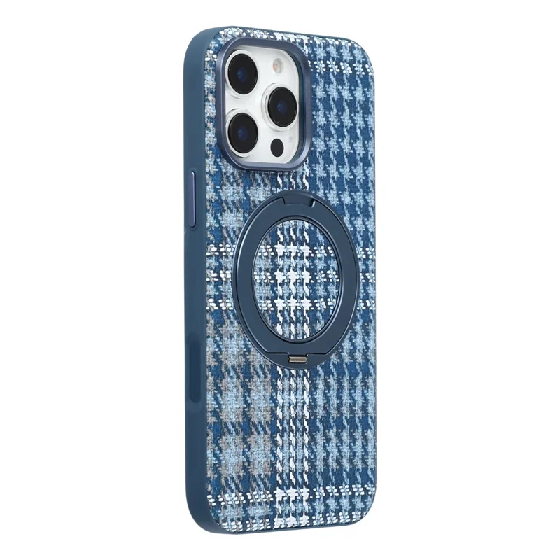 For iPhone 16 Pro Max Case with Rotating Magnetic Kickstand Houndstooth Fabric + PC + TPU Phone Cover - Blue