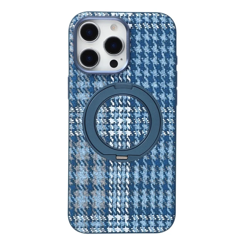 For iPhone 16 Pro Max Case with Rotating Magnetic Kickstand Houndstooth Fabric + PC + TPU Phone Cover - Blue