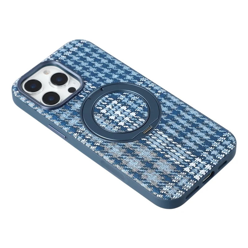For iPhone 16 Pro Max Case with Rotating Magnetic Kickstand Houndstooth Fabric + PC + TPU Phone Cover - Blue