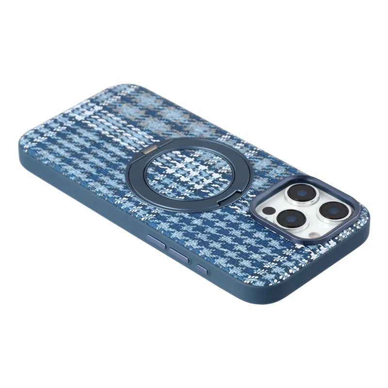 For iPhone 16 Pro Max Case with Rotating Magnetic Kickstand Houndstooth Fabric + PC + TPU Phone Cover - Blue