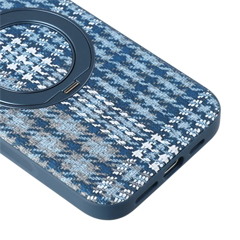 For iPhone 16 Pro Max Case with Rotating Magnetic Kickstand Houndstooth Fabric + PC + TPU Phone Cover - Blue