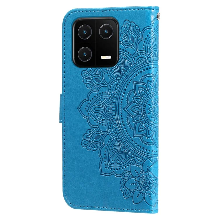 Phone Wallet Cover For Xiaomi 13 Pro 5G, Flower Imprinting PU Leather Stand Drop-proof Phone Case with Strap - Blue