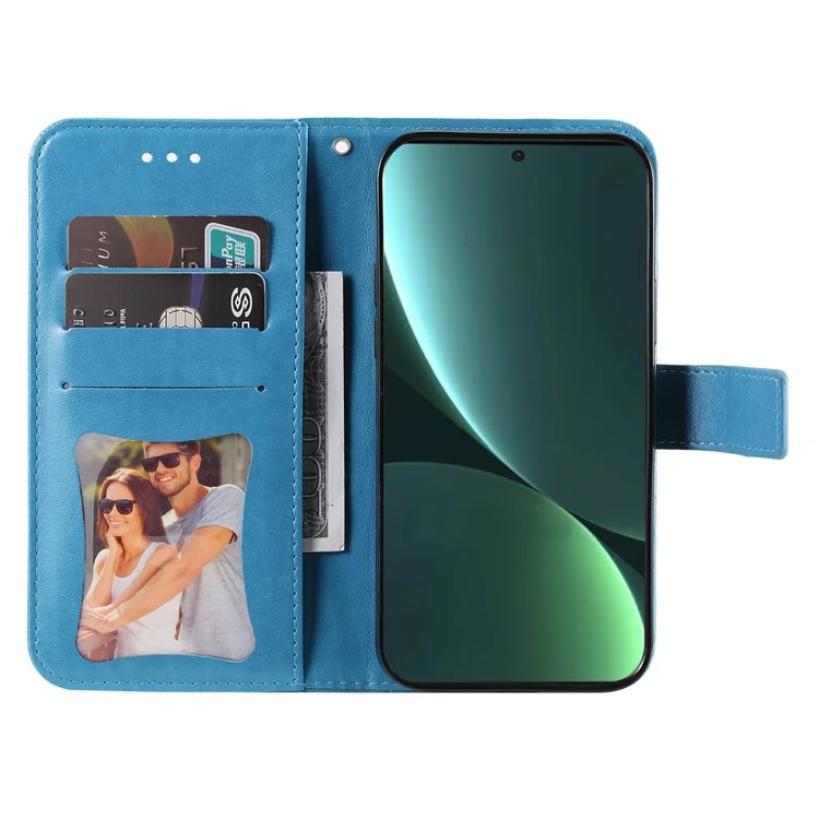 Phone Wallet Cover For Xiaomi 13 Pro 5G, Flower Imprinting PU Leather Stand Drop-proof Phone Case with Strap - Blue