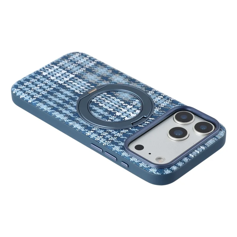 For iPhone 18 Pro / 17 Pro Case met draaibare magnetische standaard Houndstooth-stof + PC + TPU telefoonhoes - Blauw