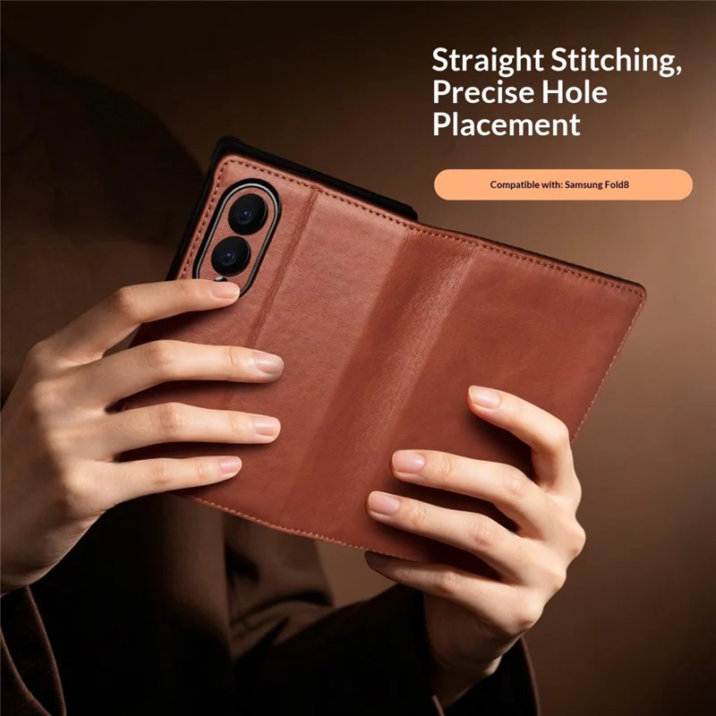 QIALINO for Samsung Galaxy Z Fold8 Case Oil-Waxed Genuine Cow Leather Flip Stand Wallet Phone Cover - Light Brown