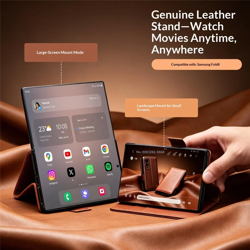 QIALINO for Samsung Galaxy Z Fold8 Case Oil-Waxed Genuine Cow Leather Flip Stand Wallet Phone Cover - Light Brown
