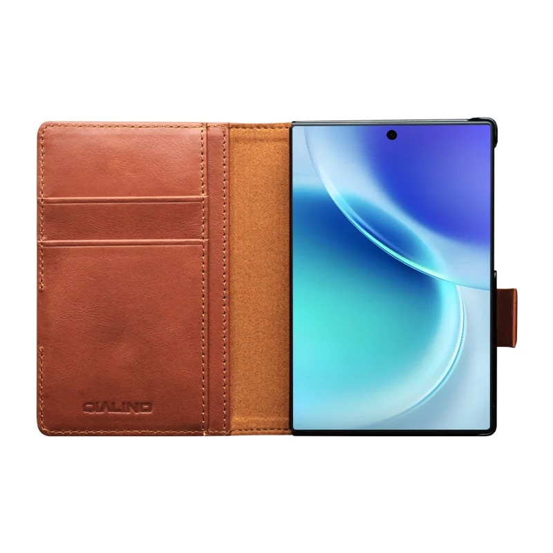QIALINO for Samsung Galaxy Z Fold8 Case Oil-Waxed Genuine Cow Leather Flip Stand Wallet Phone Cover - Light Brown