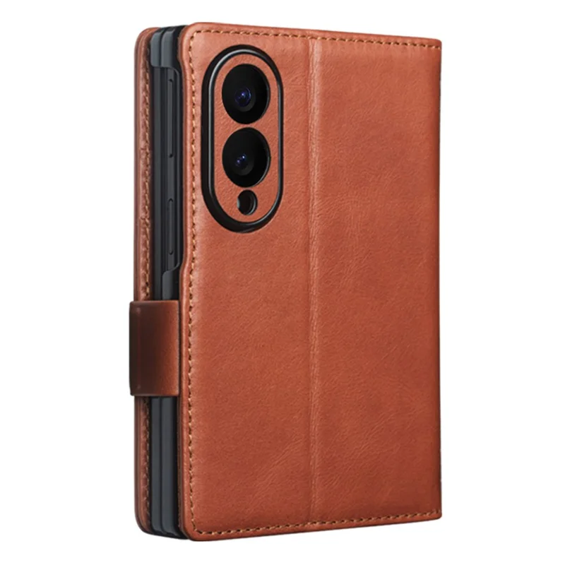 QIALINO for Samsung Galaxy Z Fold8 Case Oil-Waxed Genuine Cow Leather Flip Stand Wallet Phone Cover - Light Brown