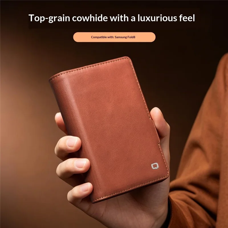 QIALINO for Samsung Galaxy Z Fold8 Case Oil-Waxed Genuine Cow Leather Flip Stand Wallet Phone Cover - Light Brown