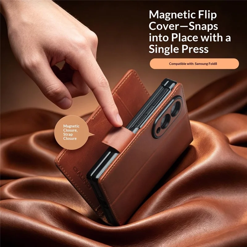 QIALINO for Samsung Galaxy Z Fold8 Case Oil-Waxed Genuine Cow Leather Flip Stand Wallet Phone Cover - Light Brown
