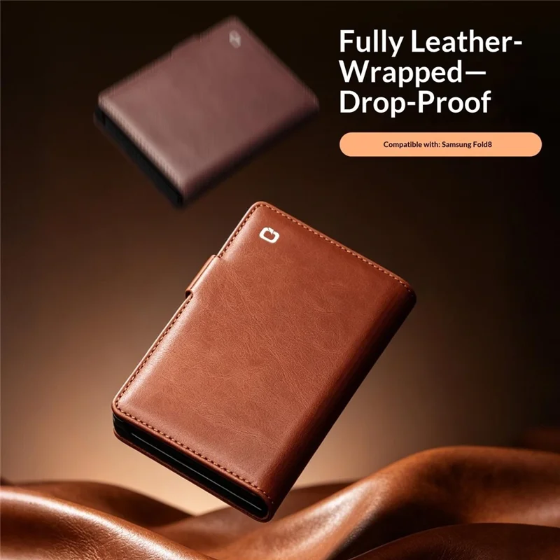QIALINO for Samsung Galaxy Z Fold8 Case Oil-Waxed Genuine Cow Leather Flip Stand Wallet Phone Cover - Light Brown