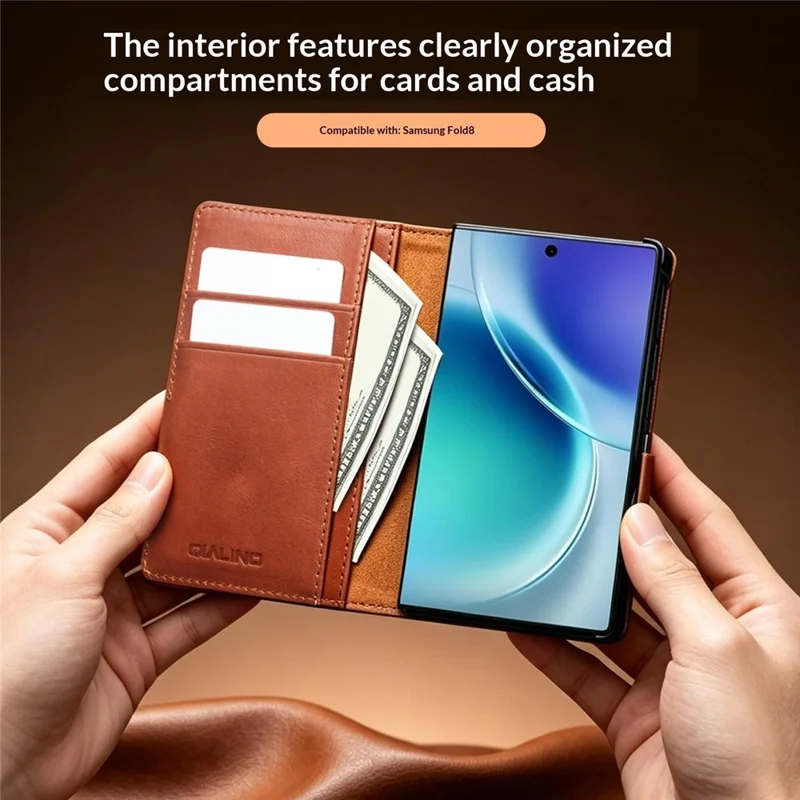 QIALINO for Samsung Galaxy Z Fold8 Case Oil-Waxed Genuine Cow Leather Flip Stand Wallet Phone Cover - Light Brown