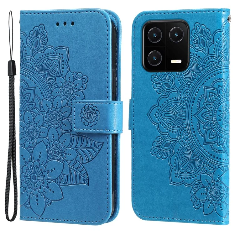 Drop-proof Phone Case Stand für Xiaomi 13 Blume Prägung PU Leder Flip Wallet Cover mit Gurt - Blau