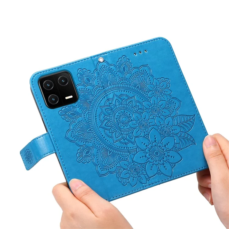 Drop-proof Phone Case Stand für Xiaomi 13 Blume Prägung PU Leder Flip Wallet Cover mit Gurt - Blau