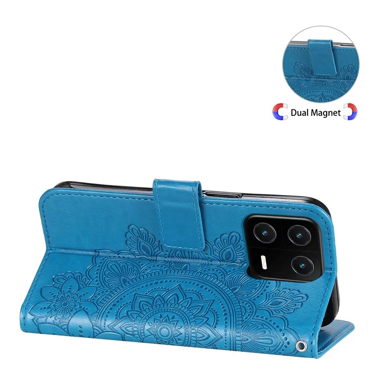 Drop-proof Phone Case Stand für Xiaomi 13 Blume Prägung PU Leder Flip Wallet Cover mit Gurt - Blau