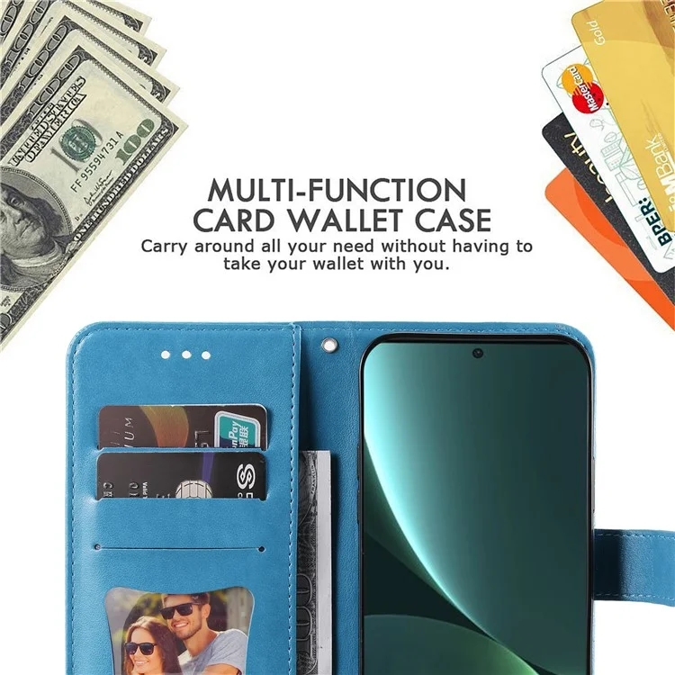 Drop-proof Phone Case Stand für Xiaomi 13 Blume Prägung PU Leder Flip Wallet Cover mit Gurt - Blau