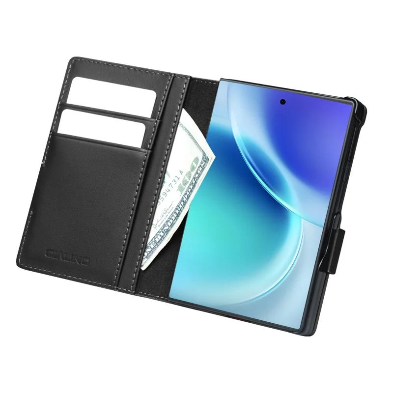 QIALINO For Samsung Galaxy Z Fold8 Case Flip Stand Genuine Cow Leather Phone Cover - Black