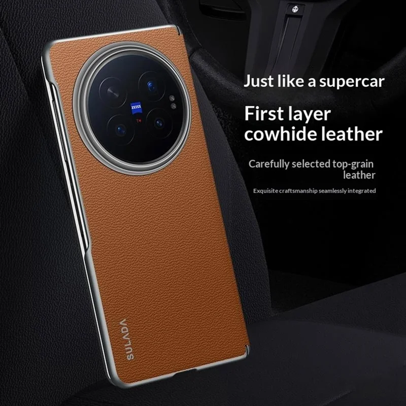 SULADA For vivo X Fold6 5G Case Genuine Cow Leather Frameless Phone Back Cover - Brown