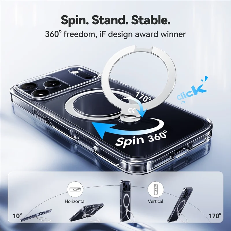 CASEKOO per iPhone 18 Pro / 17 Pro Custodia Magnetica con Supporto Rotante in PC Trasparente + TPU Antiurto - Trasparente