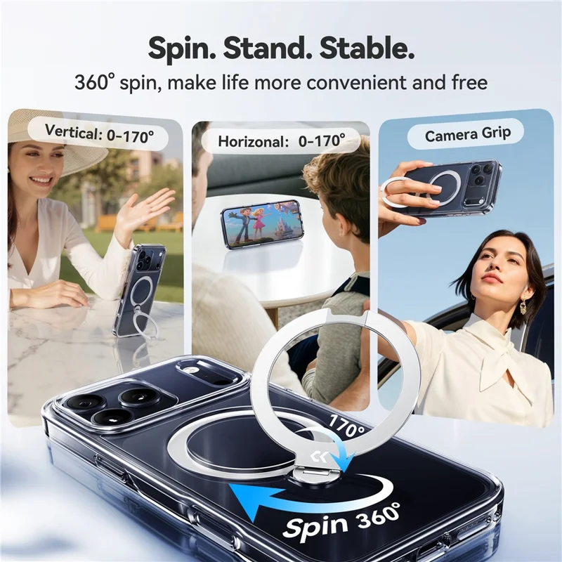 CASEKOO per iPhone 18 Pro / 17 Pro Custodia Magnetica con Supporto Rotante in PC Trasparente + TPU Antiurto - Trasparente
