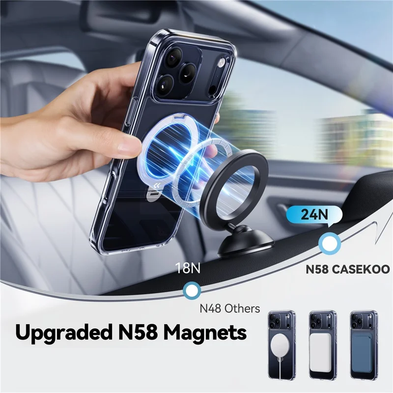 CASEKOO per iPhone 18 Pro / 17 Pro Custodia Magnetica con Supporto Rotante in PC Trasparente + TPU Antiurto - Trasparente