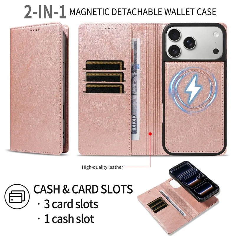 For iPhone 18 Pro Max / 17 Pro Max Magnetic Case Detachable 2 in 1 Leather Wallet Phone Cover - Rose Gold