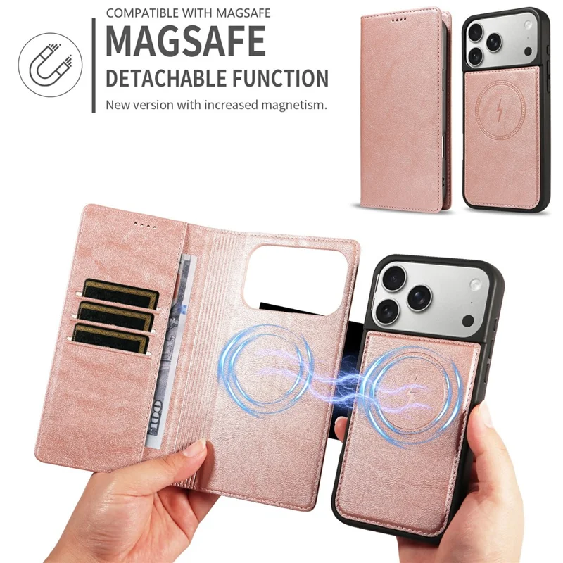 For iPhone 18 Pro Max / 17 Pro Max Magnetic Case Detachable 2 in 1 Leather Wallet Phone Cover - Rose Gold
