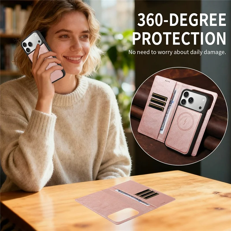 For iPhone 18 Pro Max / 17 Pro Max Magnetic Case Detachable 2 in 1 Leather Wallet Phone Cover - Rose Gold
