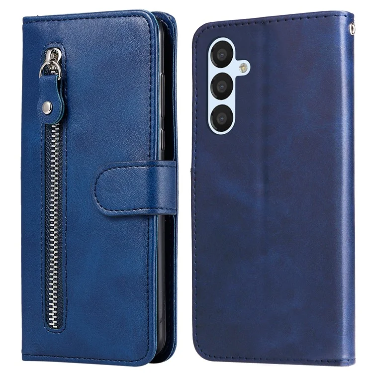 Para Samsung Galaxy A54 5G Anti-scratch Zipper Pocket Flip Phone Case Calf Texture PU Leather Magnetic Closure Stand Wallet Cover - Azul