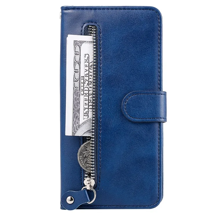 Para Samsung Galaxy A54 5G Anti-scratch Zipper Pocket Flip Phone Case Calf Texture PU Leather Magnetic Closure Stand Wallet Cover - Azul