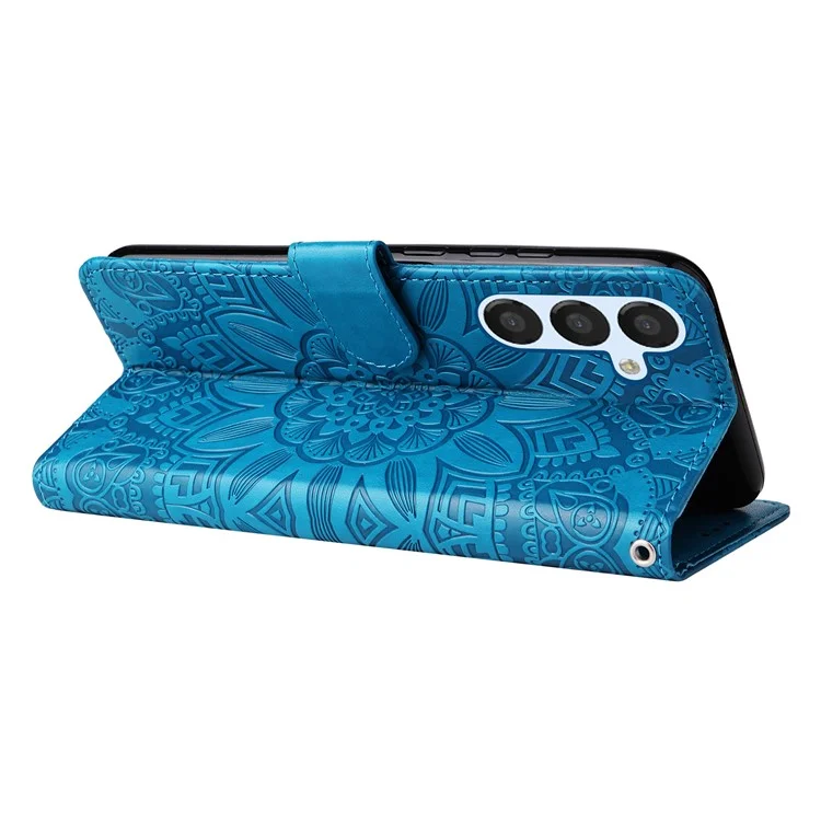 Pour Samsung Galaxy A54 5G Imprinted Sunflower Anti-scratch PU Leather Phone Case Stand Wallet Cover with Wrist Strap - Blue