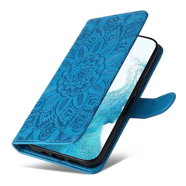 Pour Samsung Galaxy A54 5G Imprinted Sunflower Anti-scratch PU Leather Phone Case Stand Wallet Cover with Wrist Strap - Blue
