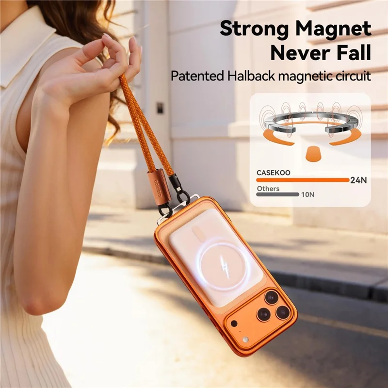 CASEKOO för iPhone 18 Pro / 17 Pro Magnetisk Skal Dold Spänne PC + TPU Chockabsorberande Skyddsskal med Rem - Orange