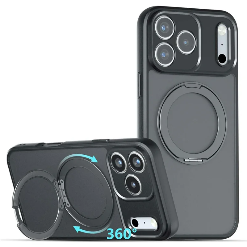 For iPhone 18 Pro Max Matte Skin-touch Magnetic Case 360° Rotating Kickstand Shockproof TPU + PC Phone Cover - Transparent Black