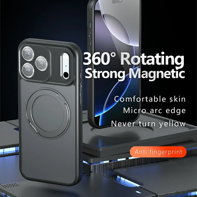 For iPhone 18 Pro Max Matte Skin-touch Magnetic Case 360° Rotating Kickstand Shockproof TPU + PC Phone Cover - Transparent Black
