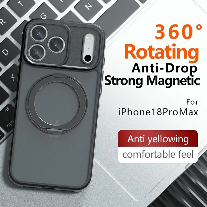 For iPhone 18 Pro Max Matte Skin-touch Magnetic Case 360° Rotating Kickstand Shockproof TPU + PC Phone Cover - Transparent Black