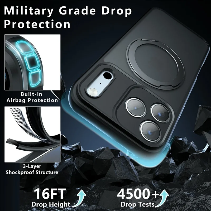 For iPhone 18 Pro Max Matte Skin-touch Magnetic Case 360° Rotating Kickstand Shockproof TPU + PC Phone Cover - Transparent Black