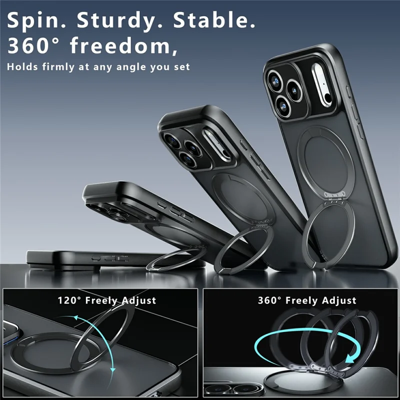 For iPhone 18 Pro Max Matte Skin-touch Magnetic Case 360° Rotating Kickstand Shockproof TPU + PC Phone Cover - Transparent Black