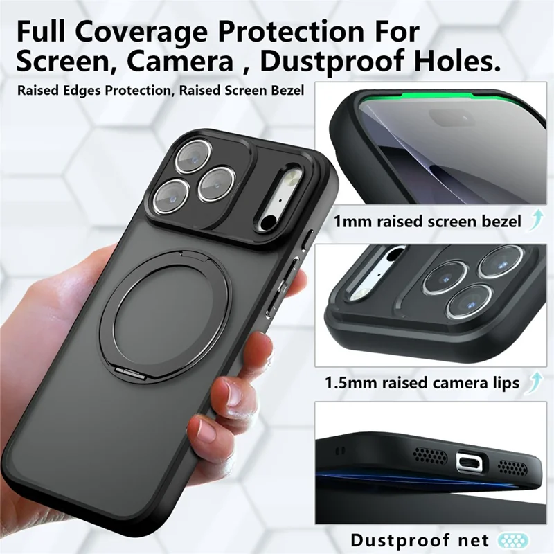 For iPhone 18 Pro Max Matte Skin-touch Magnetic Case 360° Rotating Kickstand Shockproof TPU + PC Phone Cover - Transparent Black