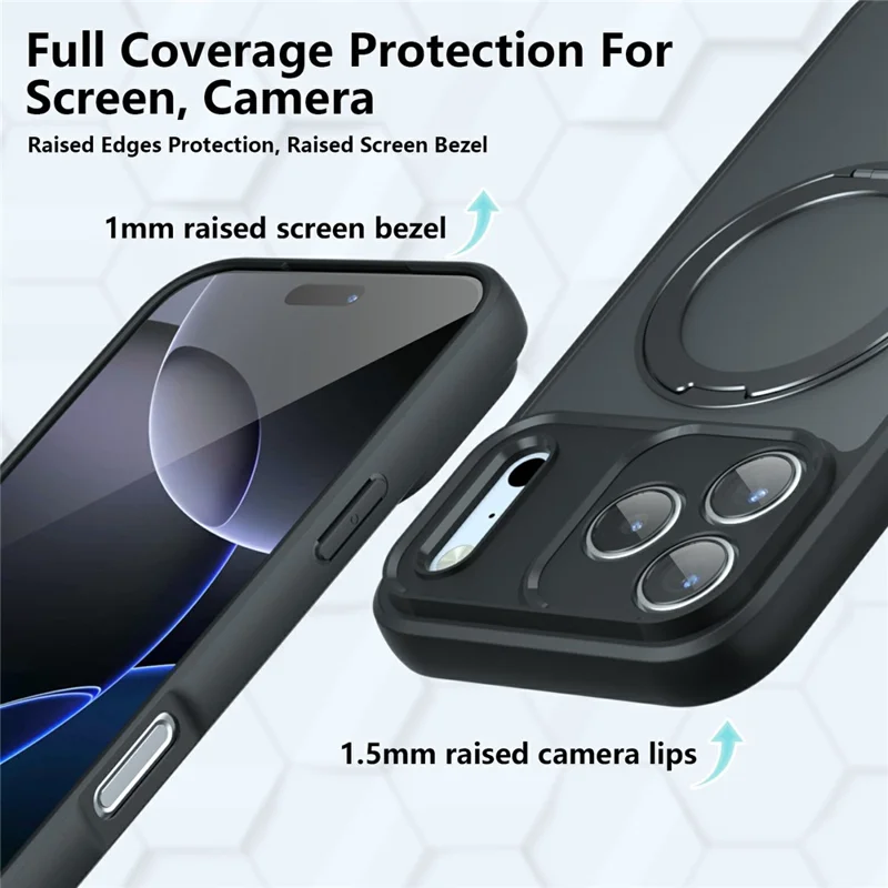 For iPhone 18 Pro Max Matte Skin-touch Magnetic Case 360° Rotating Kickstand Shockproof TPU + PC Phone Cover - Transparent Black
