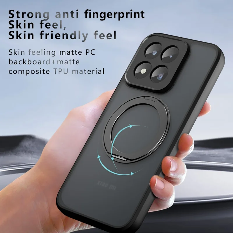 For Xiaomi 17 Max Matte Skin-touch Magnetic Case 360° Rotating Kickstand Shockproof TPU + PC Phone Cover  - Transparent Black