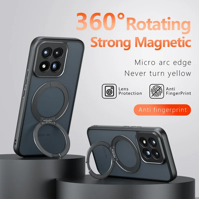 For Xiaomi 17 Max Matte Skin-touch Magnetic Case 360° Rotating Kickstand Shockproof TPU + PC Phone Cover  - Transparent Black