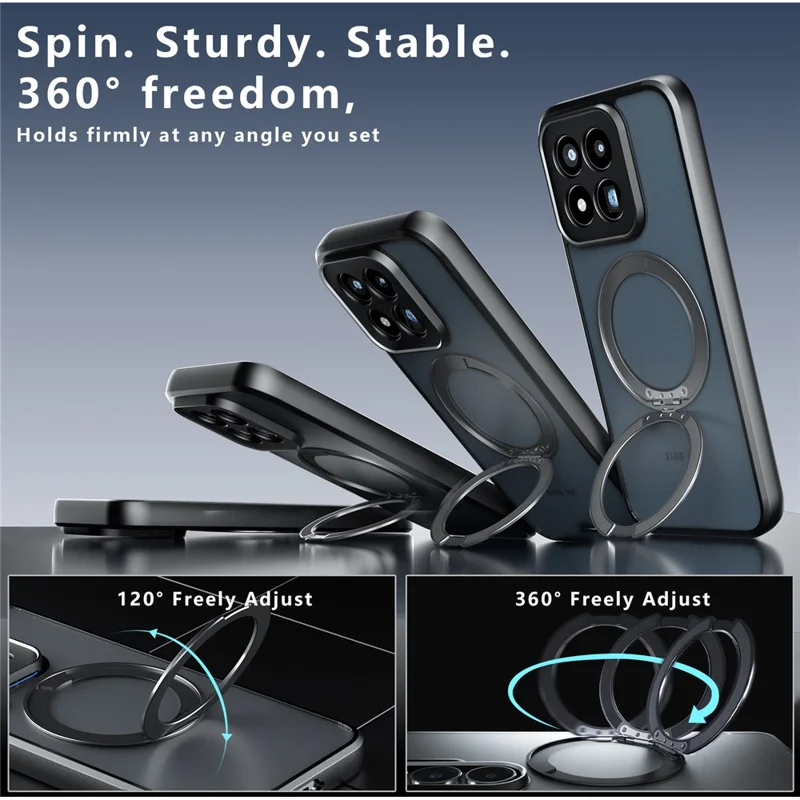 For Xiaomi 17 Max Matte Skin-touch Magnetic Case 360° Rotating Kickstand Shockproof TPU + PC Phone Cover  - Transparent Black