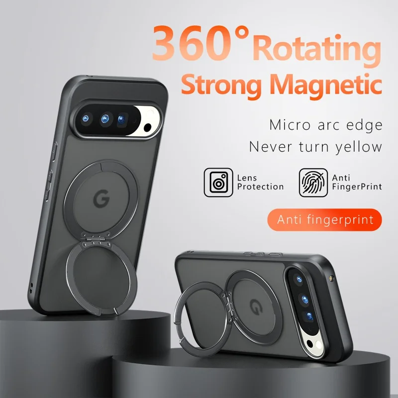 For Google Pixel 10 Pro XL Matte Skin-touch Magnetic Case 360° Rotating Kickstand Shockproof TPU + PC Phone Cover - Transparent Black