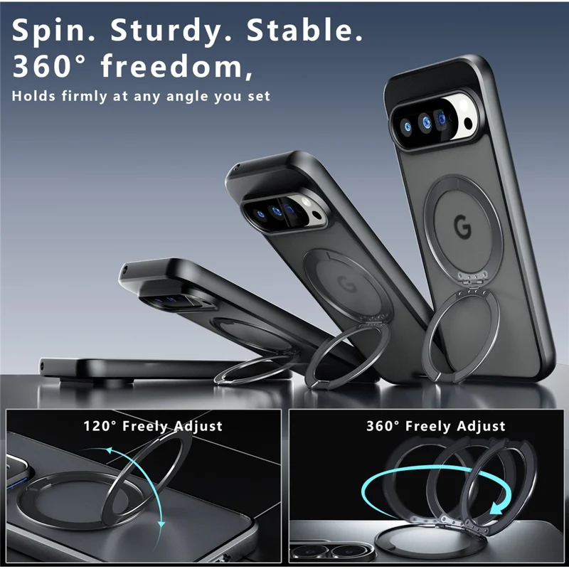 For Google Pixel 10 Pro XL Matte Skin-touch Magnetic Case 360° Rotating Kickstand Shockproof TPU + PC Phone Cover - Transparent Black