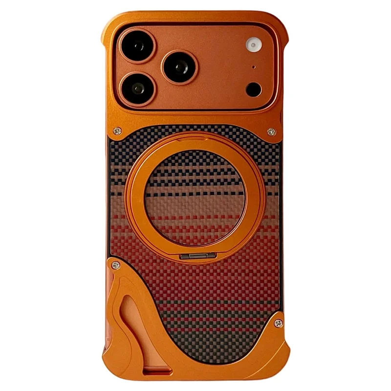 For iPhone 17 Pro Max Case Rotating Magnetic Kickstand Carbon Fiber Texture PC + Metal Shockproof Phone Cover - Orange