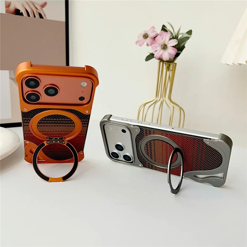 For iPhone 17 Pro Max Case Rotating Magnetic Kickstand Carbon Fiber Texture PC + Metal Shockproof Phone Cover - Orange