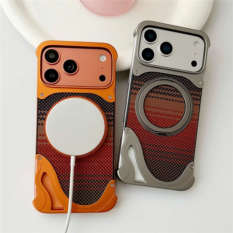 For iPhone 17 Pro Max Case Rotating Magnetic Kickstand Carbon Fiber Texture PC + Metal Shockproof Phone Cover - Orange