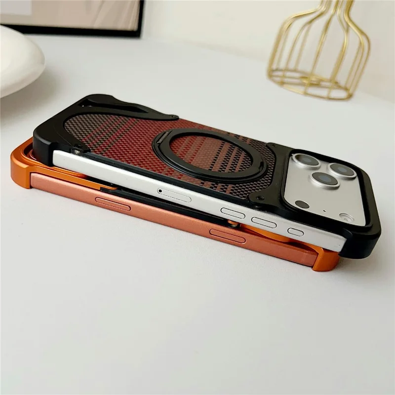 For iPhone 17 Pro Max Case Rotating Magnetic Kickstand Carbon Fiber Texture PC + Metal Shockproof Phone Cover - Orange